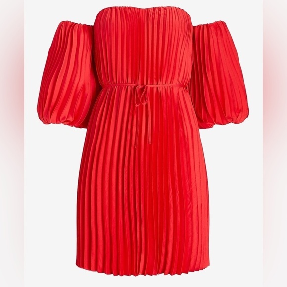 Express Pleated Belted Off The Shoulder Trapeze Red Women's Dress Size Small - Picture 2 of 10
